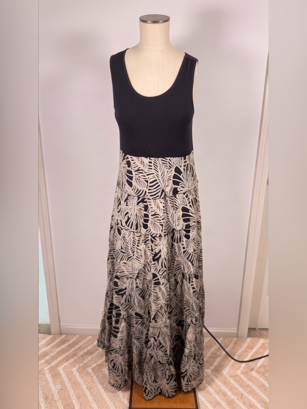 NWT Grace Elements Black Tan Floor Length Tropical Tiered Maxi Tank Dress Sz S